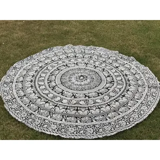 raajsee Schwarz-weiße runde Strand-Wandteppich, Hippie-/Boho-Stranddecke, Mandala-Rundie/indische Baumwolle, Überwurf – runde Tischdecke, Heimdekor, Meditations-/Picknick-Teppich, 127 cm Kreis