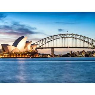 DZJYQ 6,5 x 5 ft (2 x 1,5 m) Wunderschöner blauer Himmel Wolke Wassersee Goldene Beleuchtung Sydney Opera House Bridge Hoch Building City Urlaub Tour Geburtstag Party Portrait Hintergrund Fotografie