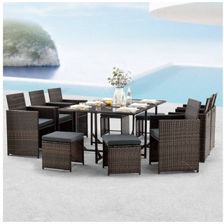 en.casa Gartenlounge-Set, (3-tlg), »Laredo« Sitzgruppe XL Gartentisch mit Stühlen und Hocker Polyrattan Braun meliert braun