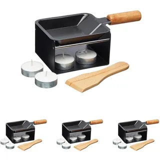 Artesà Mini-Raclette-Grill Einzelset für 1-2 Personen, Metallgestell, antihaftbeschichtete Pfännchen, Holzspatel und 2 Kerzen, Schwarz (Packung mit 4)
