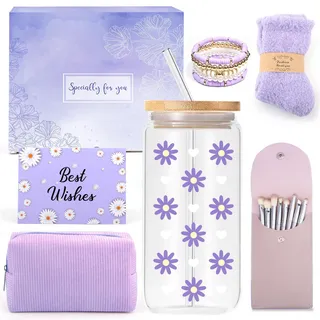Youerls Geschenke für Mädchen Teenager 9 10 11 12 13 14 15 16 Jahre, Geburtstag Geschenke Mädchen Teenager, Glasbecher mit Strohhalm und Deckel,Schminkpinsel Kosmetiktasche Armband