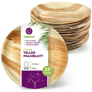 GoBeTree Palmblatt Teller Groß Rund 25 cm Tief, 25 Elegante Einwegteller | Stabiles Einweggeschirr Ähnlich Bambus für Grillparty, Hochzeit und Catering, Großer Tiefer Teller mit 3,5 cm Rand