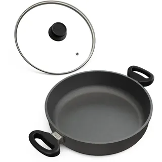 Hoffmann Schmorpfanne 32 cm hoher Rand Induktion I Pfanne mit 2 Griffen Made in Germany I Hochrandpfanne Aluguss Servierpfanne beschichtet mit Glasdeckel