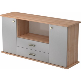 bümö Sideboard office Sideboard mit 2 Schübe & 2 Türen, Dekor: Nussbaum/Silber - Griffe: Knauf/Streifengriff braun