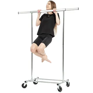 Tatkraft Darren – Kleiderständer Stabil auf Rollen, bis 100 kg, Klappbar, 1Min Montage, Garderobenständer, Ausziehbare Kleiderstange, Verchromt Stahl