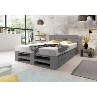 Lermowood Palettenbett M2 aus Holz 180 x 200 cm Grau mit Kopfteil und 2 Bettkästen Holzbett 30cm Stabiles Seniorenbett Kinderbett Jugendbett Gästebett erhöhtes Bettgestell Futon Komforthöhe Naturholz