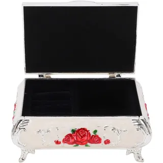 Vintage-schmuckkästchen Mit Geprägten Rosen, Zinklegierung, Weichem Samt, Leuchtenden Farben, Glänzender Oberfläche, Klein Und Sicher – Design In Weißsilber Und Roten Rosen
