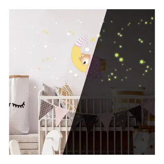 K&L Wall Art Wandtattoo Baby Teddy Bär Mond Leuchtsterne Rosa Mädchen selbstklebend, Kinderzimmer Leuchtbild rosa