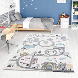 carpet city Kinderteppich - Straßen-Stadt-Motiv Creme Multi - Kinderzimmer Teppich Modern (80 cm x 150 cm)