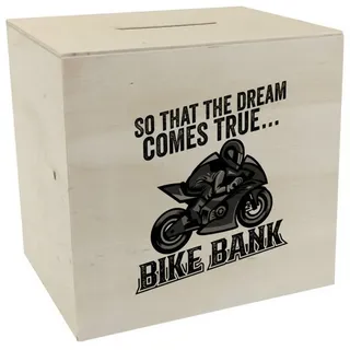 speecheese Spardose Bike Bank Spardose aus Holz mit Spruch und Motorrad in schwarz