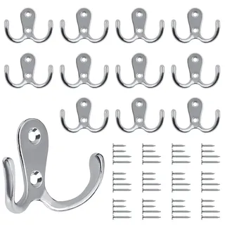 Bolatus 12 Stück Kleiderhaken, Haken Garderobe Doppelt Wandhaken Retro Haken Wand Metall Silber Kleiderhaken Vintage mit 48 Schrauben für Garderobenhaken Badezimmer Küche(Silber)
