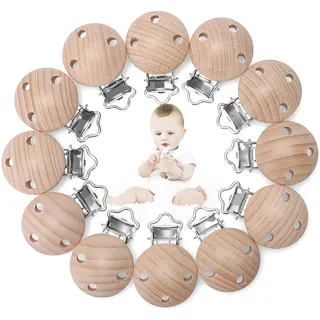 Kigniote 12 Stück Schnullerclip Holz,Baby Schnullerketten Clips Schnuller Clips Verhindert das Fallenlassen oder Verlieren des Schnullers Schnullerketten Zubehör für DIY Schnullerkette Basteln