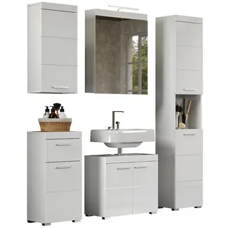 trendteam Badmöbel-Set Amanda, Badmöbel-Set Hochschrank Unterschrank Hängeschrank Spiegel Beleuchtung weiß