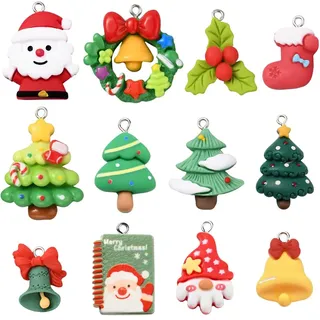 SUNNYCLUE 48 Stück 12 Stile Weihnachtsanhänger Aus Kunstharz Weihnachtsanhänger Großpackung Verschiedene Metalle Eisen Feiertage Grün Rot Schneemann Bäume Socken Glöckchen Baumelnder Anhänger Zur Schm