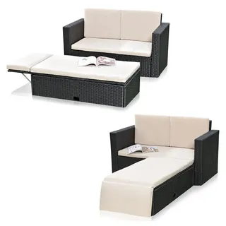 Feel2Home Garten-Essgruppe Gartensofa Fußbank Lounge Polyrattan Outdoor Garnitur versch. Farben, (Set, Sofa & Ottomane), Kissen inkl. Reißverschluss daher abnehm- und waschbar schwarz