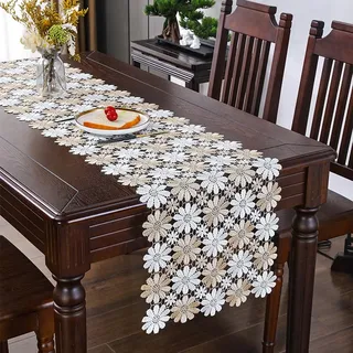 TischläUfer, Tischdecke mit weißen Blumen, Hohle TischläUfer Tischdekoration, Vintage Tischläufer, für Hochzeit, Fest, Heimdekoration, Tischdekoration, 40x120cm, Braun-Weiß-Mix