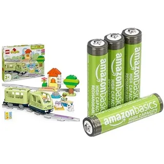 LEGO DUPLO Abenteuer-Eisenbahn, interaktiv/14 Gleise/Sound, 2+ Jahre, 10427, & AAA Akkus Amazon Basics 4 Stück, 850mAh