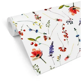 K&L Wall Art Mustertapete Hagebutte Vliestapete Blumen Johannisbeeren Mustertapete Botanik Blüten, Mittsommertag Tapete weiß 0.48 m x 10.08 m