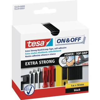 Tesa On- & Off-Klettband extra stark, 1m x 50mm, schwarz