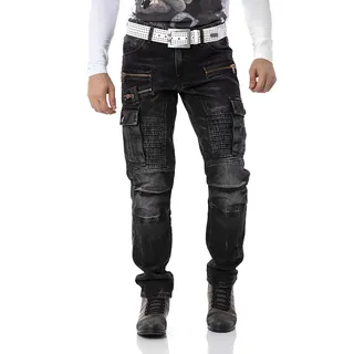 Cipo & Baxx Herren Jeanshose | Verschiedene Fits | Destroyed & Used Look mit Nieten, Kunstleder & Print | Modern Biker Style - 34W / 34L