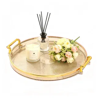 Tissting Tablett Runde 27cm Transparente Kunststoff Obsttablett Snack Teller mit Griffe, Europäischen Stil Badezimmer Deko Tablett Schmucktablett für Home, Restaurant, Bernstein Gold