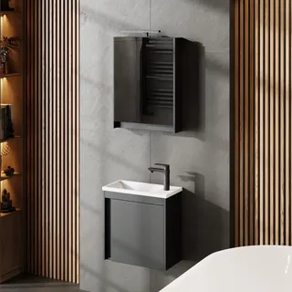 Planetmöbel Waschbecken mit Unterschrank 50 cm Grau Matt, Spiegelschrank Bad mit Beleuchtung 50 cm, Waschtisch Badmöbel Gäste WC Set, 2 teilig