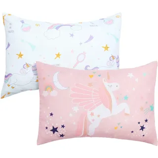 JISEN Kleinkind-Kissenbezüge für 33 x 46 cm, 30 x 40 cm, 35 x 48 cm, Einhorn-Kissenbezüge für Mädchen, 2 Stück, Kinder-Kissenbezüge für Schlafkissen, Reise-Kissenbezüge, Rosa/Weiß