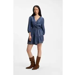 BOSS für Damen. 50559071 Crossover-Kleid in Denim-Optik mit blauen Ballonärmeln (40), Lässig, 3/4 Ärmel
