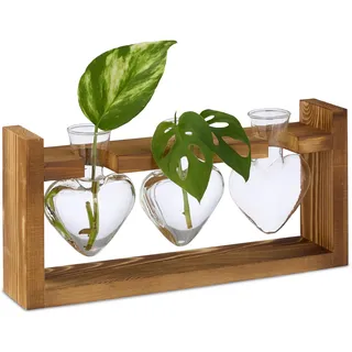 Relaxdays Ständer Reagenzglas Vase, Glasvasen mit Halterung, Blumen & Pflanzen, HxBxT: 13x28x6,5 cm, transparent/Natur, Kiefernholz, Herz