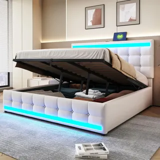 Flieks Polsterbett 180x200cm mit 2 USB, Boxspringbett Doppelbett mit Stauraum und Lattenrost, Jugendbett mit Led, Funktionsbett, Leinen, Beige - Beige