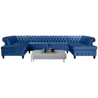 JVmoebel Ecksofa Set Luxury U-Form Chesterfield und Couchtisch Wohnzimmer Textil Grau, Made in Europa blau|grau