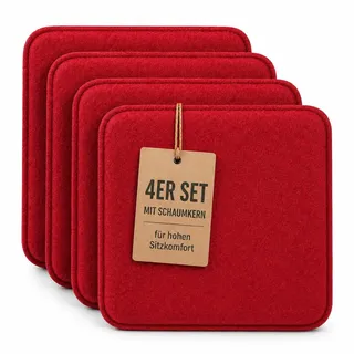 KAMACA Sitzkissen 4er Set 35x35 cm Eckig Rot mit Schaumkern – Filz Stuhlkissen Gepolstert aus 100% Polyester – Sitzpolster für Stuhl, Esszimmer, Küche, Balkon & Gartenstuhl