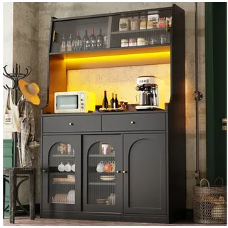 Flieks Küchenbuffet mit LED-Beleuchtung, Glas-Schiebetüren und Schubladen (1-St., B120/T40/H180 cm) Hochschrank Küchenschrank Geschirrschrank mit verstellbare Ablagen schwarz