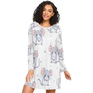 ISAOA Langärmeliges Damen-Nachthemd, süße Maus mit Punkten, weiches Schlafkleid, S-XXL