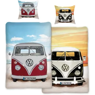 VW Volkswagen Bulli Bettwäsche Beach Rot / Schwarz 135 cm x 200 cm + 80 cm x 80 cm VW-Bus T1 100% Baumwolle in Renforcé-Linon-Qualität Retro Camper Van 2 Motive Wendebettwäsche Reißverschluss 089