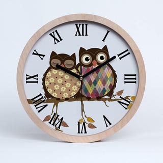 Tulup Holzuhr ⌀ 25cm Wanduhr Uhr Holz Dekoration Modern Runde Stille Uhren Schwarze Uhrzeiger - Zwei Eulen auf einem AST
