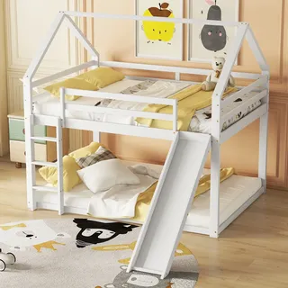 Hausbett 140×200 Cm, Doppelbett Etagenbett Mit Rutsche, Leiter Und Absturzschutz, Ohne Matratze, Holz, Weiß