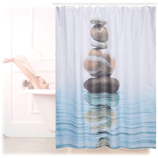 Relaxdays Duschvorhang Motiv, Steine auf Wasser, Polyester, waschbar, Anti-Schimmel, Badewannenvorhang 180x180 cm, blau