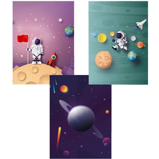 SWECOMZE 3er-Set DINA4 Poster für Kinderzimmer ohne Bilderrahmen,Astronauten, Planeten, Rakete, Weltall Kinderposter, Babyzimmer Bilder, Baby Bilder, Dekoration Kinderzimmer (B)