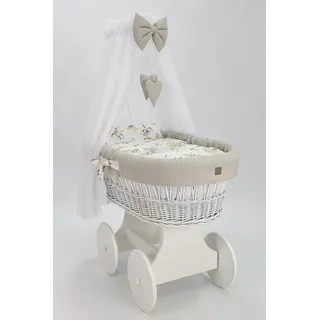 Stubenwagen mit Rollen Himmel auf großen Rädern Weiß mit Bettset in Beige
