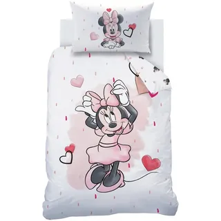 MTOnlinehandel Babybettwäsche Minnie Mouse 100x135 + 40x60 cm, 100 % Baumwolle, Biber, 2 teilig, süße Disney Minnie Maus mit vielen Herzchen in rosa, weiß & rot rosa