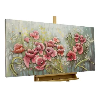 KunstLoft Metallbild 3D | 100% HANDGEFERTIGT | 120x60x6cm | Wandbild Metall Deko 'Aufgeblüht' | Blumen | Rosa Grün | Metall Wanddeko Wohnzimmer