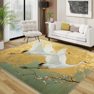 TerroVee Kranich Waschbarer Teppich, Vogel Tiere Japanisch Teppich 100x200 cm, Traditionell Orientalisch Künstlerisch Kurzflor rutschfest Teppiche Für Schlafzimmer Wohnzimmer, Goldenes Weiß
