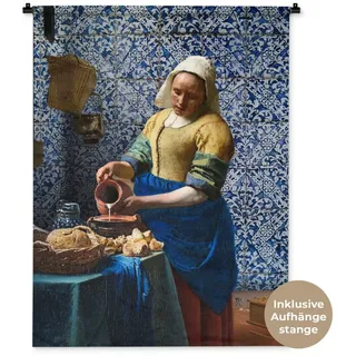 MuchoWow Wandteppich Milchmädchen - Delfter Blau - Vermeer - Gemälde - Alte Meister, Rechteckig, Höhe: 3 mm, Wanddeko Teppich Wohnzimmer, Schlafzimmer, 90x120 cm bunt 90 cm x 120 cm x 3 mm