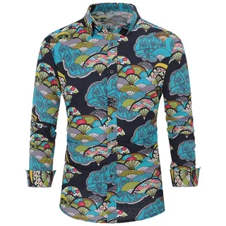 Allthemen Herren Blumen Hemden Leinen Bunte Hemd Langarmhemd Muster Paisley Freizeitshemd Langarm Casual Shirt - XXL