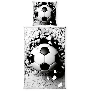 Herding Jugendbettwäsche, Schwarz, Weiß, Textil, Fußball, 135x200 cm, Oeko-Tex® Standard 100, pflegeleicht, hautfreundlich, schadstoffgeprüft, Schlaftextilien, Bettwäsche, Kinderbettwäsche