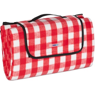 Relaxdays XXL Picknickdecke, 200 x 200 cm, Fleece Stranddecke, wärmeisoliert, wasserdicht, mit Tragegriff, rot/weiß