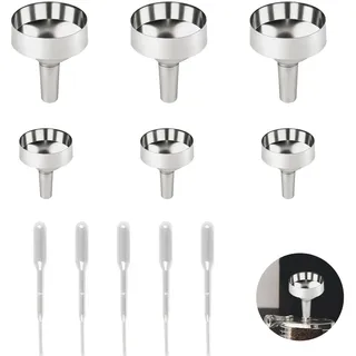 6-teiliges Metalltrichter-Set - Silberne Klein-Edelstahl-Trichter mit 5 Plastikpipetten (2ml), Mini-Trichter für Mini-Flaschen, Wein, Kosmetik, ätherische Öle und Parfüm (1,8cm + 2,5cm)