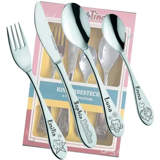 Bibi & Tina Kinderbesteck mit Gravur - Personalisiertes Besteck mit Namen oder Datum - Edelstahl Kinderbesteck Set mit Gravur - Geschenk zur Geburt, Taufe, Geburtstag, Geschenk Junge & Mädchen