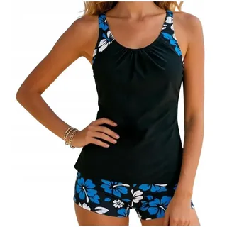 Tankini Damen Bauchweg - Zweiteiler mit Shorts - Blumenmuster - Schwarz und Blau - XL 42 - Schwarz/Blau - C
